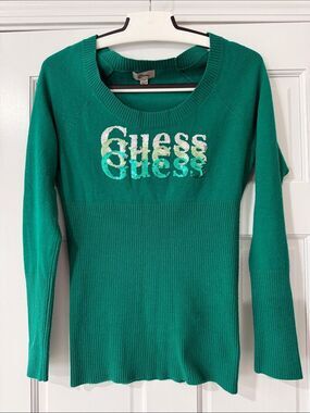 Y2K 2000’s Guess long sleeve knit top sequin spellout emerald green sweater L